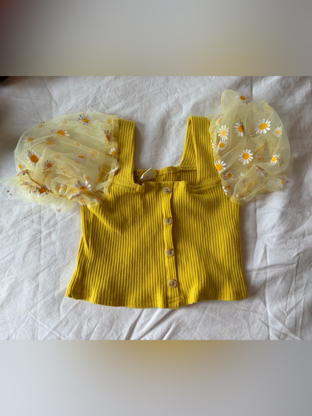SHEIN Yellow Ribbed Tank with Daisy-Trim Puff Sleeves